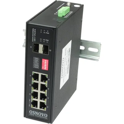 SW-80802/I(Port 90W, 300W) - Промышленный HiPoE коммутатор OSNOVO Gigabit Ethernet на 8GE PoE + 2 GE SFP порта. Порты: 1 x GE (10/100/1000Base-T) с PoE BT (до 90W) + 7 x GE (10/100/1000Base-T) с PoE (до 30W) + 2 x GE SFP (1000Base-X). Соответствует стандартам PoE IEEE 802.3af/at
