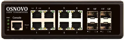 Промышленный коммутатор Gigabit Ethernet OSNOVO SW-70804/IL Промышленный управляемый (L2+) коммутатор Gigabit Ethernet на 8 GE Rj45 + 4 GE SFP порта. Порты: 8 x GE (10/100/1000Base-T) + 4 x GE SFP (1000Base-X). Уровень управления L2 (Full Ma